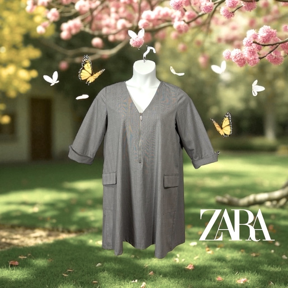 Zara, Checked Dress With Zipper And Pockets, Large, Gray